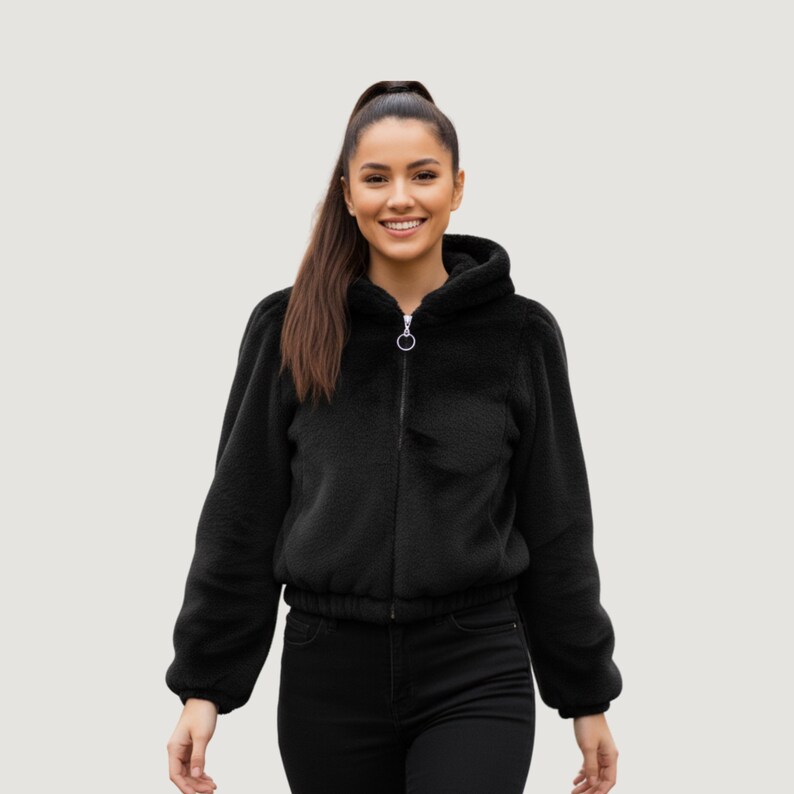 Fleece Hooded Jacket: Women's Plush Winter Outerwear Black