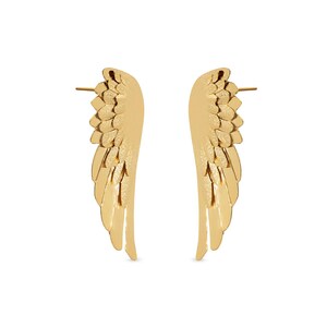 Chic angel wing earrings in gold tone, ideal for celebrations, romantic dinners, birthdays, holiday gatherings, or daily wear. A symbolic accessory that adds beauty and meaning to casual or dressy outfits.