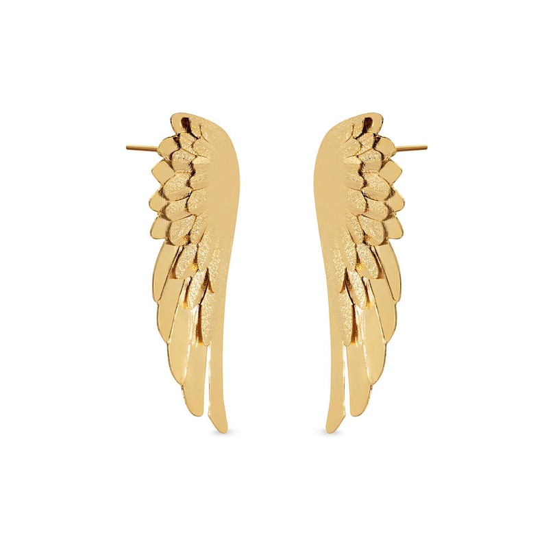 Chic angel wing earrings in gold tone, ideal for celebrations, romantic dinners, birthdays, holiday gatherings, or daily wear. A symbolic accessory that adds beauty and meaning to casual or dressy outfits.