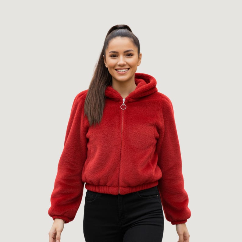 Fleece Hooded Jacket: Women's Plush Winter Outerwear Red