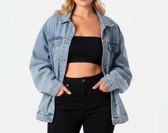 Women's Loose-Fit Denim Jacket with Traditional Pockets & Six-Button Front.