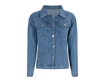 Women's Loose-Fit Denim Jacket with Traditional Pockets & Six-Button Front.