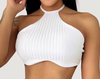 Ribbed Halter Crop Top for Women: Perfect for a Chic Outfit, with Neck Tie Detail