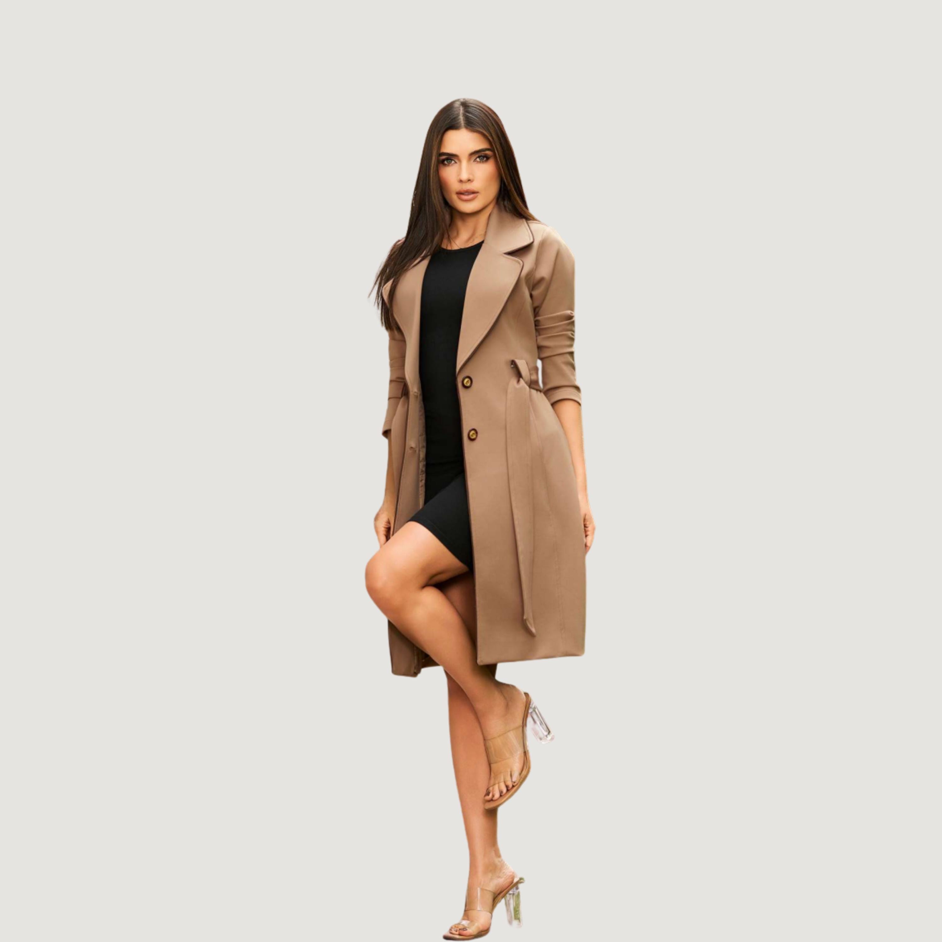 Trench Coat for Women A-line Style With Clover Lapel, Fabric Belt