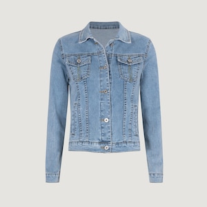 May include: A light blue denim jacket with a button fastening and two chest pockets.