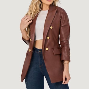 Brown Faux Leather Blazer: Golden Buttons, Elegant Office Style
