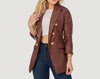 Brown Faux Leather Blazer: Golden Buttons, Elegant Office Style