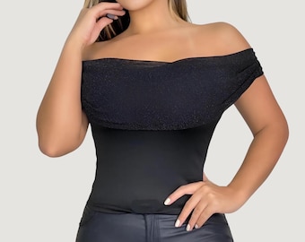Boat neck top with Sensual Ruched Off-Shoulder Neckline and Shiny Mesh-Spandex Mix – A Must-Have Blouse for Women