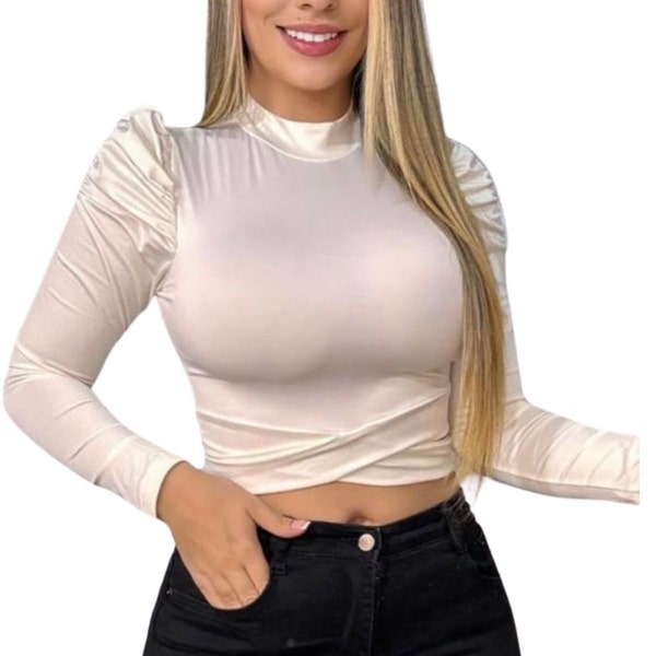 Dressy Long Sleeve Crop Tops: Embrace Trendy Turtleneck and Puff Sleeves for Women