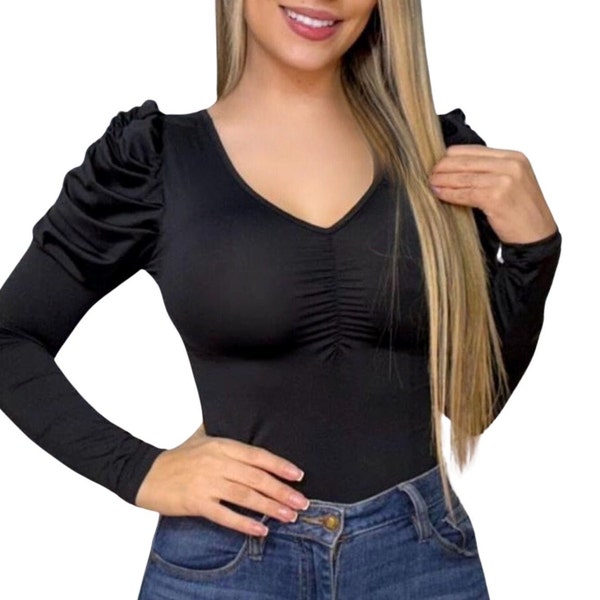 Women's Dressy Blouse: Spandex, Long Puff Sleeves, Ideal for Casual or Formal Settings