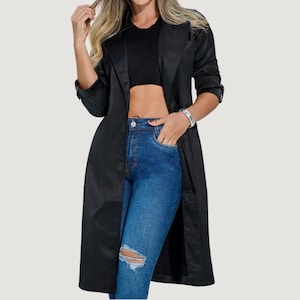 Vintage Duster Long Jacket for Women - Elegant Satin, Roll Tabs, and Silver Button Accents