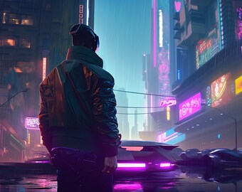 Cyberpunk man watching the Neon city