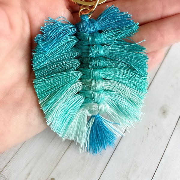 Ombre Blue Tassel Keychain, Boho Keychain, lightweight, Purse Charm, Backpack Charm, Feather, Free Sticker with purchase