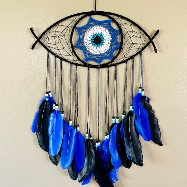 DreamCatcher, Evil Eye, Boho Style Wall Hanging, Feather Dream Catcher, Gift for Her, Gift For Him, Alignment, free sticker gift