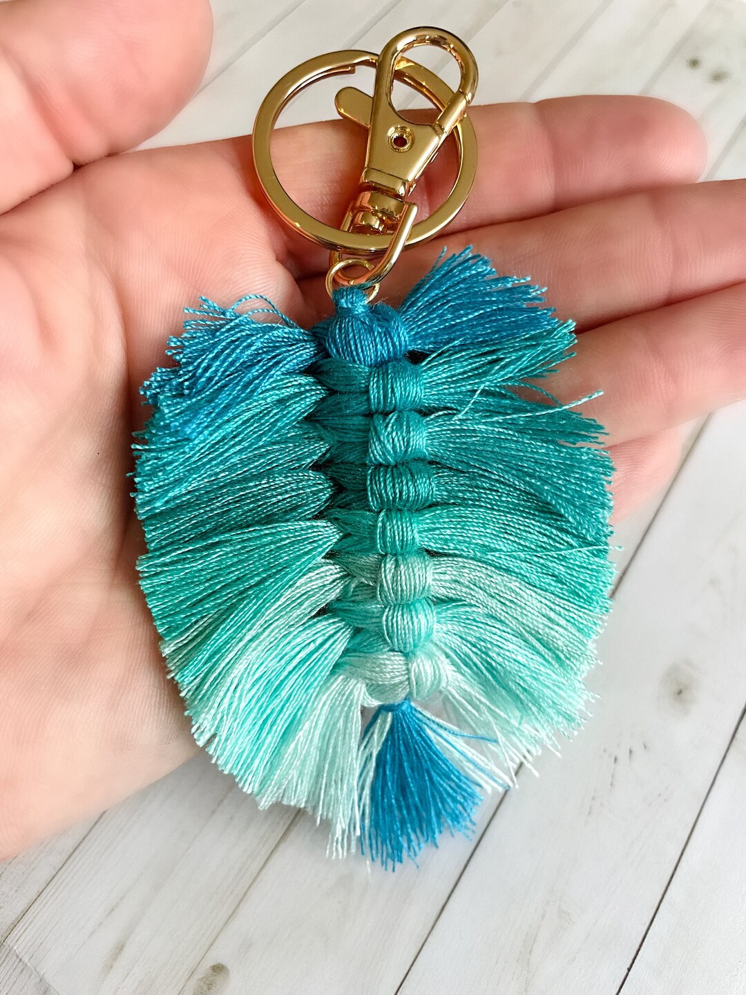Ombre Blue Tassel Keychain, Boho Keychain, Lightweight, Purse Charm