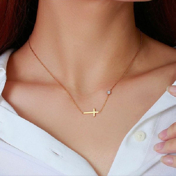 Horizontal cross choker necklace in Titanium steel and Zirconium oxide/religious jewel chain crucifix Christian necklace, trendy necklace