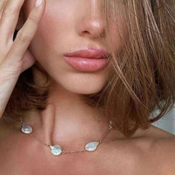Pearl_Collier de perles d'eau douce rectangulaires ou ovales/bijou à personnaliser/ras du cou style baroque/Chaine tour du cou or 18 carats/