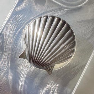 May include: A silver seashell charm with a detailed, textured surface. The charm is on a clear background.