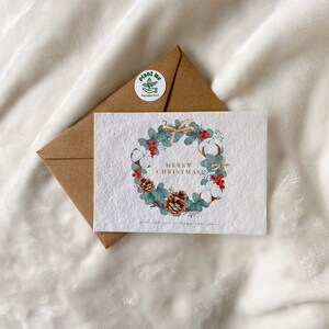 Carte de Noël sur papier de graines à planter - Couronne de Noël, joyeuses fêtes, Noël, carte de graines de fleurs sauvages, cartes écologiques, aquarelle