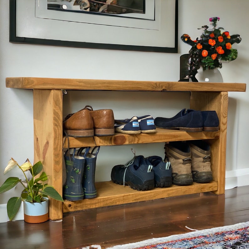 Stunning Rustic reclaimed wooden shoe bench shoe rack shoe storage hallway bench image 5