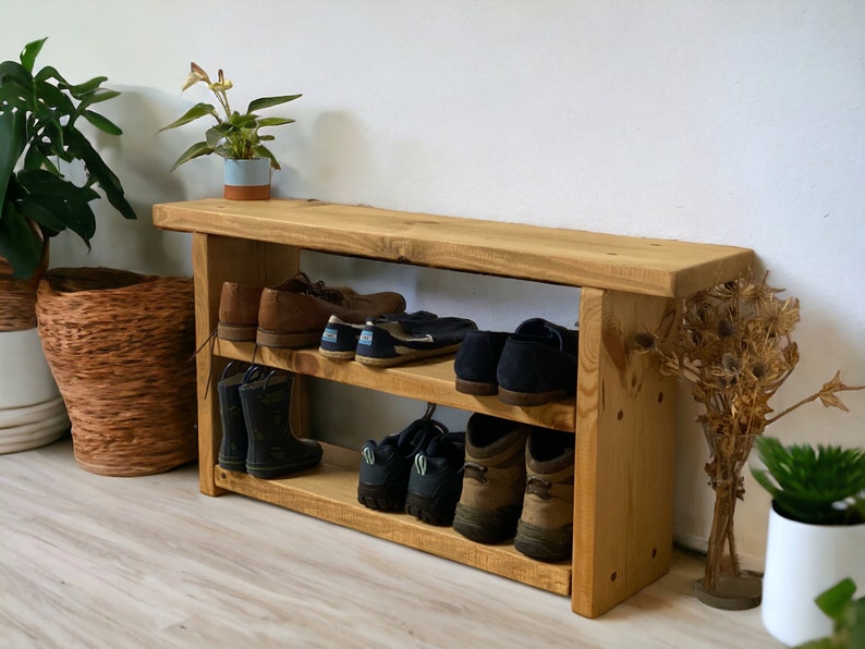 Stunning Rustic reclaimed wooden shoe bench shoe rack shoe storage hallway bench image 2