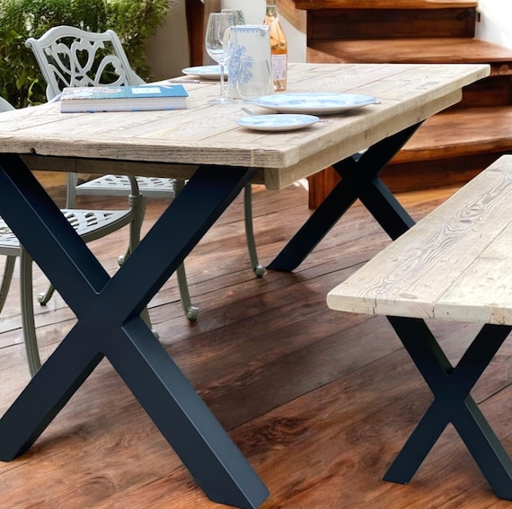 Rustic Table Farmhouse Outdoor Kitchen Table with Chunky X Frame Metal Legs Handmade to order.