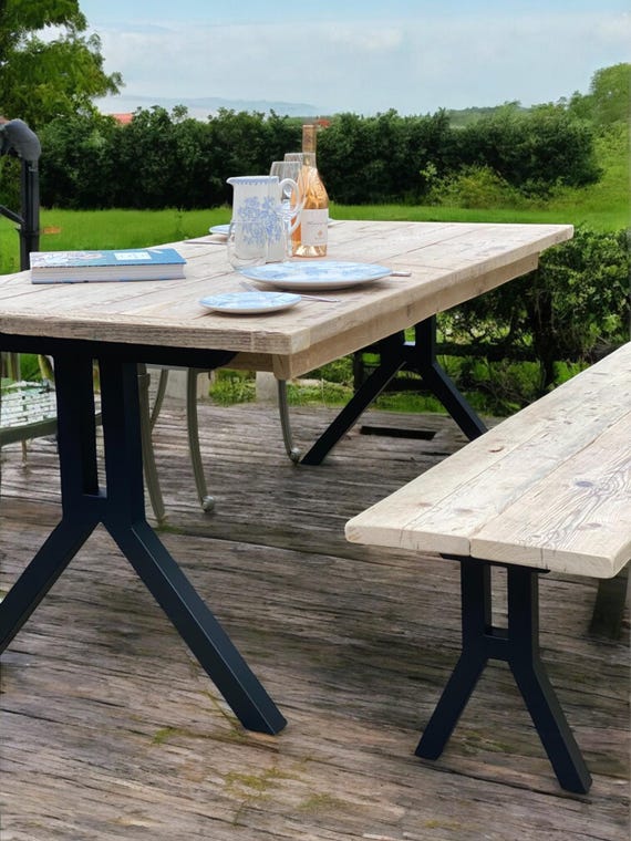 Rustic Table Farmhouse Outdoor Kitchen Table with Wish Bone Metal Legs Handmade to order.