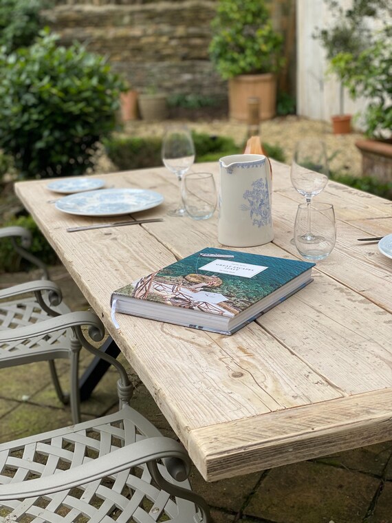 Rustic Table Farmhouse Outdoor Kitchen Table with Chunky X Frame Metal Legs Handmade to order.