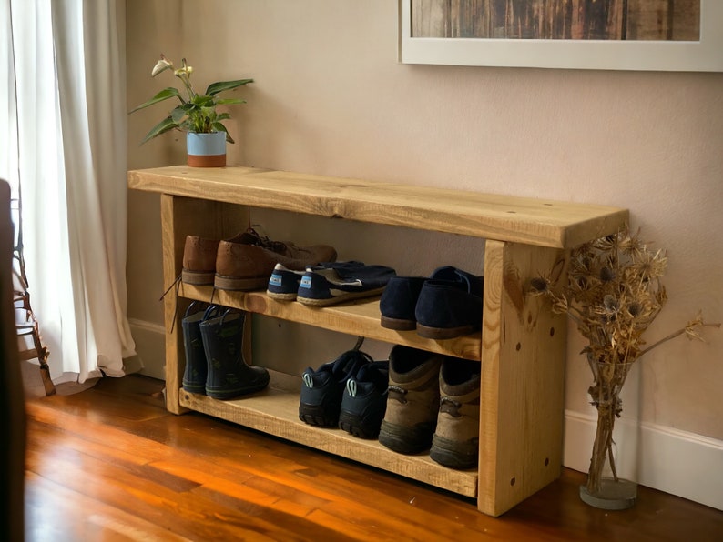 Stunning Rustic reclaimed wooden shoe bench shoe rack shoe storage hallway bench image 8