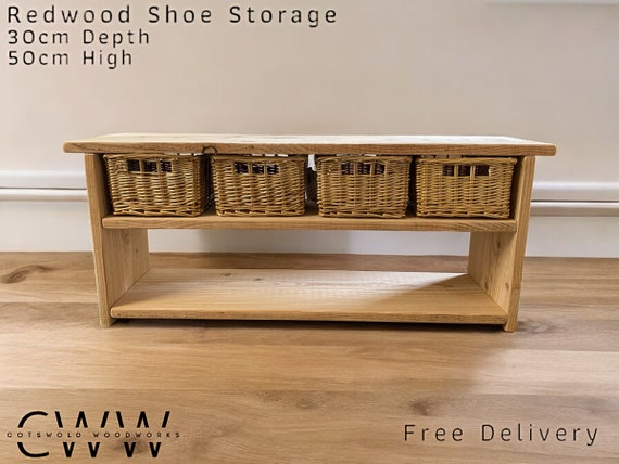 Stunning Redwood shoe rack, shoe storage  50cm High, 30cm Depth with or without a choice of wicker baskets