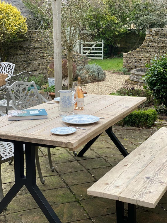 Rustic Table Farmhouse Outdoor Kitchen Table with Wish Bone Metal Legs Handmade to order.