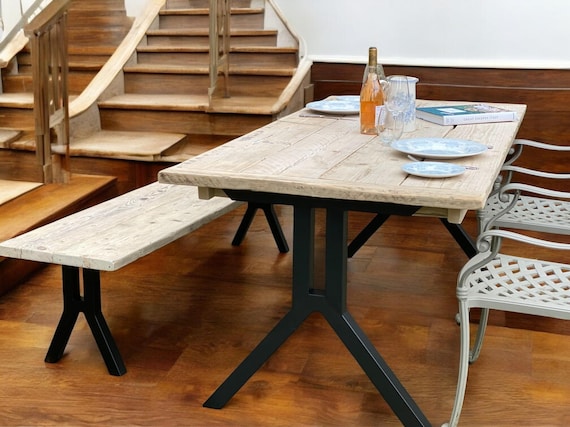 Rustic Table Farmhouse Outdoor Kitchen Table with Wish Bone Metal Legs Handmade to order.