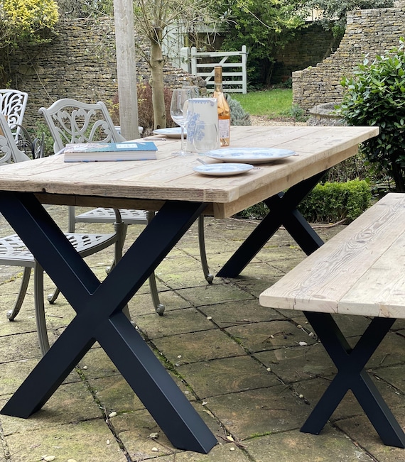 Rustic Table Farmhouse Outdoor Kitchen Table with Chunky X Frame Metal Legs Handmade to order.