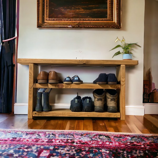 Stunning Rustic reclaimed wooden shoe bench shoe rack shoe storage hallway bench