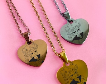 Collier Magical Girl Anime gravé en acier inoxydable, pendentif en forme de coeur