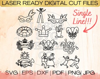 SVG Mardi Gras 2.0 Bundle Single Line Download File in EPS, dxf, pdf, SVG for Laser Glowforge
