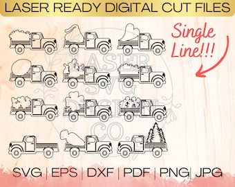 SVG Holiday Truck Bundle Single Line Download File in EPS, dxf, pdf, SVG for Laser Glowforge