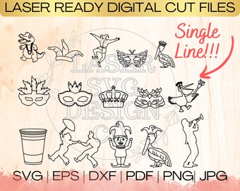 SVG Mardi Gras Bundle Single Line Download File in EPS, dxf, pdf, SVG for Laser Glowforge