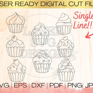SVG Valentine Cupcakes Bundle Single Line Heart Shape Descargar archivo en EPS, dxf, pdf, SVG para Laser Glowforge