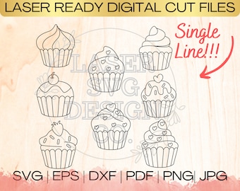 SVG Valentine Cupcakes Bundle Single Line Heart Shape Download File in EPS, dxf, pdf, SVG for Laser Glowforge