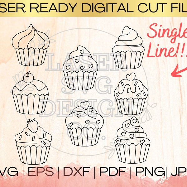 SVG Valentine Cupcakes Bundle Single Line Heart Shape Download File in EPS, dxf, pdf, SVG for Laser Glowforge