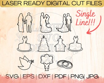 SVG Wedding Bundle Single Line Download File in EPS, dxf, pdf, SVG for Laser Glowforge