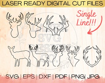 SVG Deer Bundle Single Line Download File in EPS, dxf, pdf, SVG for Laser Glowforge