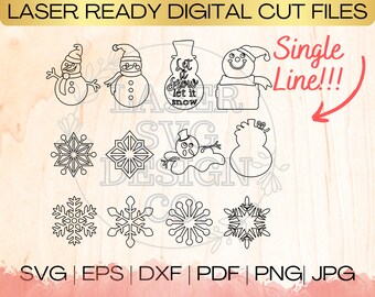 SVG Snowman Collection Bundle Single Line Download File in EPS, dxf, pdf, SVG for Laser Glowforge