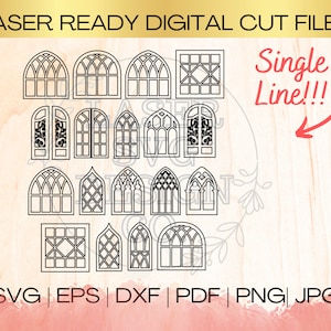 Puede incluir: Un conjunto de 14 archivos de corte digital de una sola línea de ventanas y puertas arqueadas. Los archivos están listos para láser y vienen en formatos SVG, EPS, DXF, PDF, PNG y JPG. El texto "Single Line!!!" está incluido en la imagen.