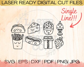 SVG Food with Faces Bundle Single Line Download File in EPS, dxf, pdf, SVG for Laser Glowforge