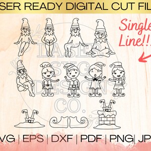 Puede incluir: Un conjunto de diez dibujos en blanco y negro de elfos. Los elfos están en varias poses, incluyendo sentados, de pie y cayendo por una chimenea. El texto "Single Line!!!" está en la esquina superior derecha de la imagen.
