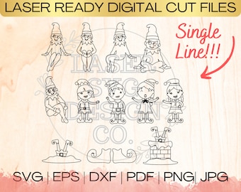 SVG Christmas Elves Bundle Single Line Heart Shape Download File in EPS, dxf, pdf, SVG for Laser glowforge