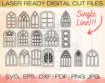 SVG Window Cathedral Frame Bundle Single Line Download File in EPS, dxf, pdf, SVG for Laser Glowforge