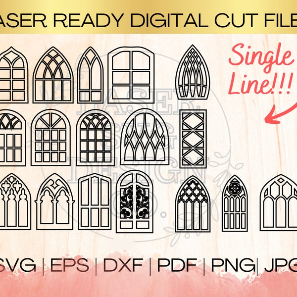 SVG Window Cathedral Frame Bundle Single Line Download File in EPS, dxf, pdf, SVG for Laser Glowforge